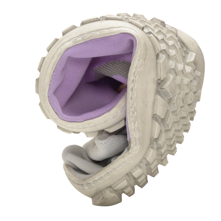 The SOQQ Fire Purple Sneaker from ZAQQ features a thick, textured sole that can be rotated in the middle, highlighting its flexible design. This barefoot shoe combines style and comfort with its lavender lining.