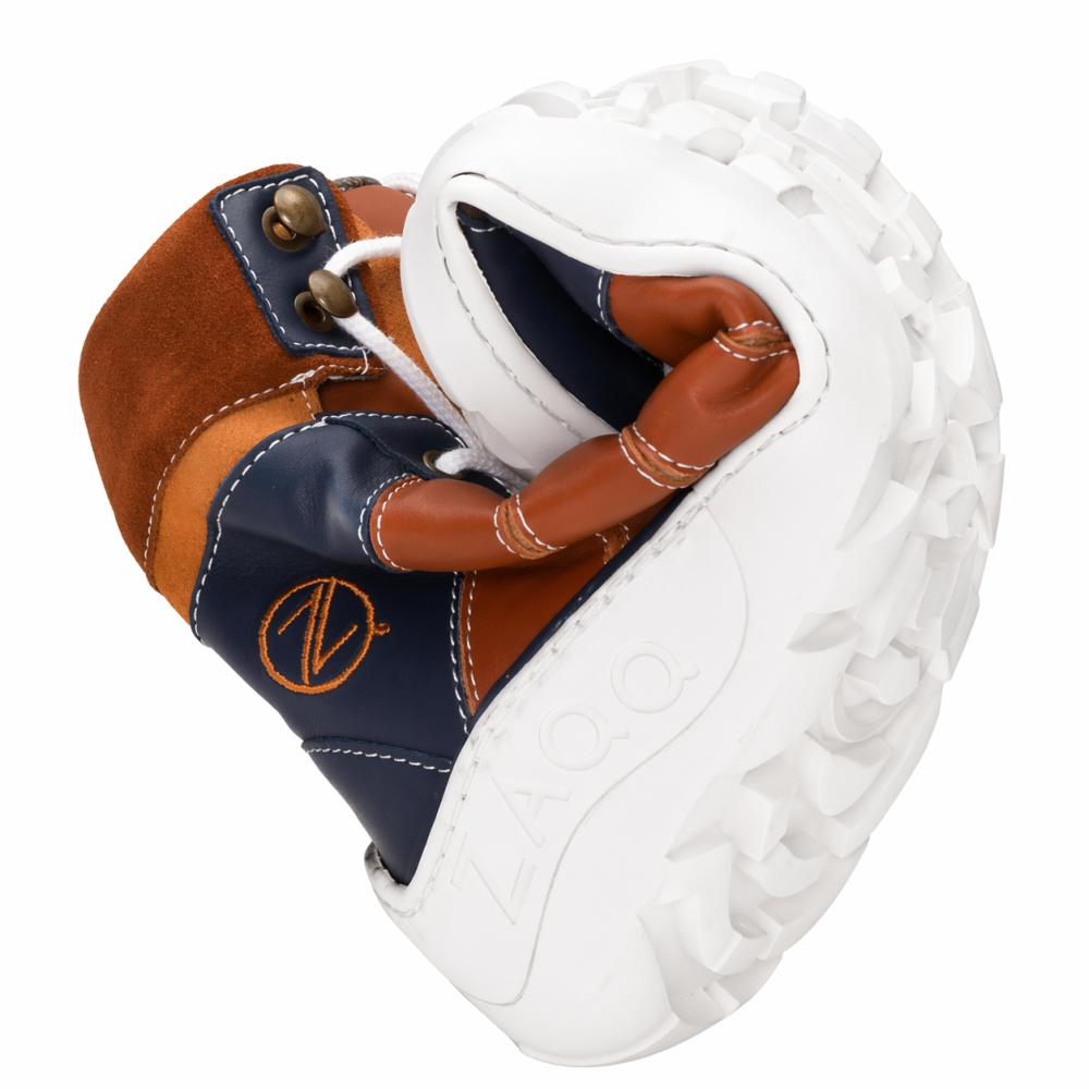 Waterproof outdoor barefoot shoe in orange-brown and dark blue with super flexible sole