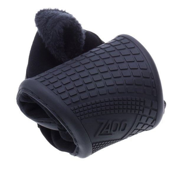 This is the PREQUEL Winter Vegan Black mug cover from ZAQQ Featuring a textured grid pattern with the brand name embossed. The inside features a vegan-friendly, soft, dark fur-like lining and the top edge is slightly rolled.