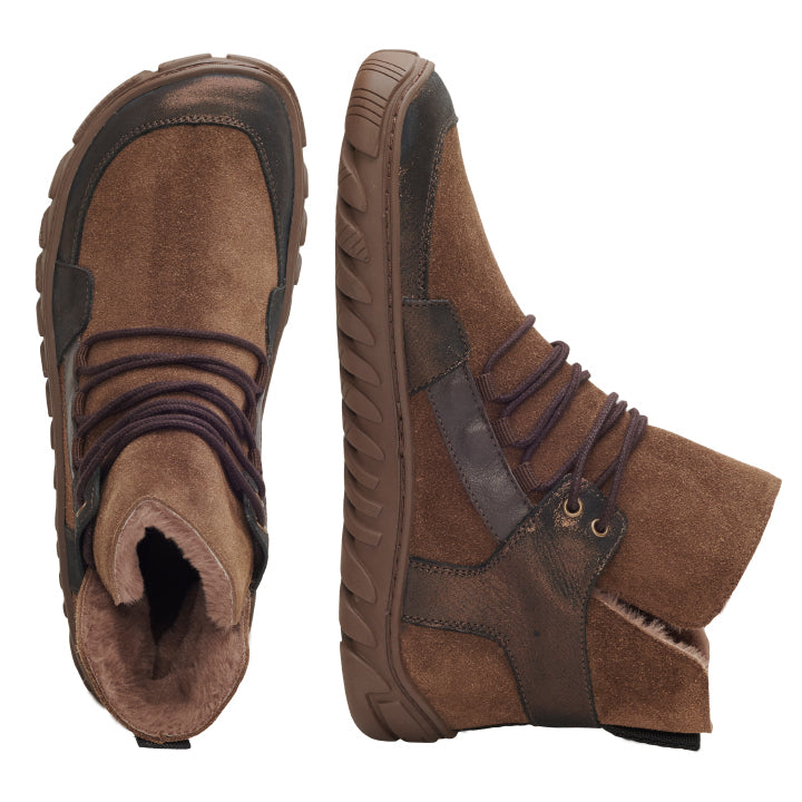brown barefoot boots with laces
