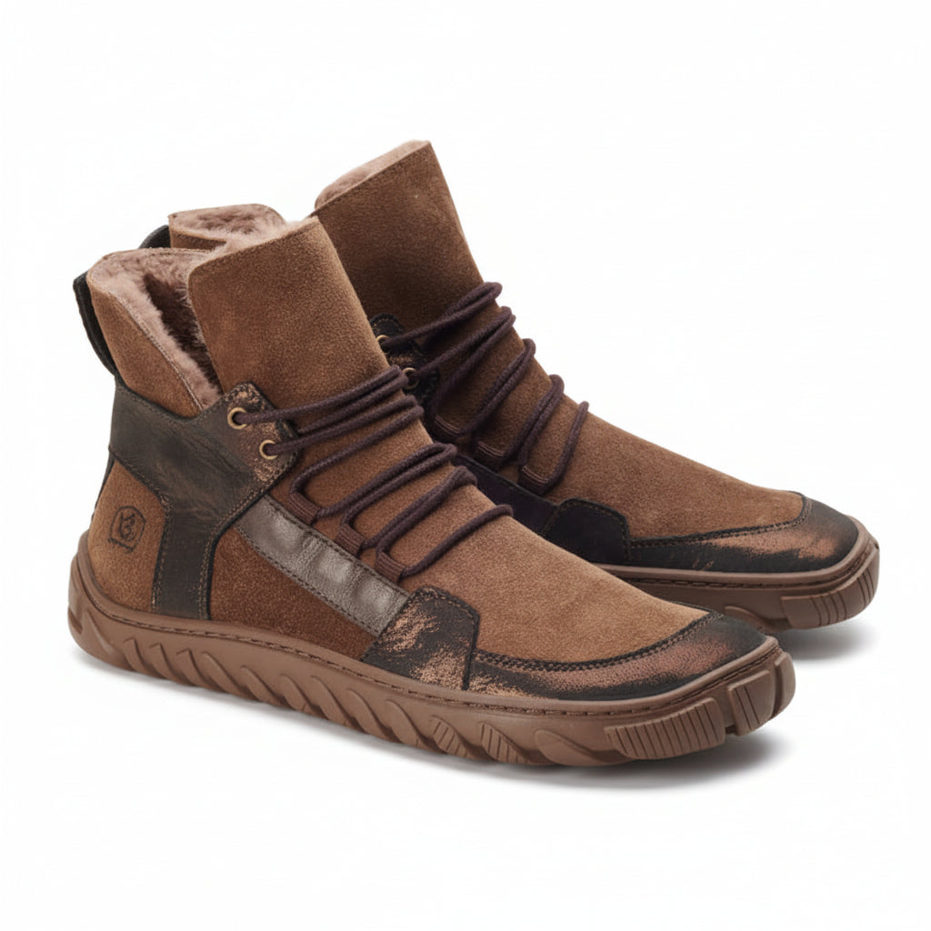 Winter barefoot shoes in brown with metal contrasts in bronze
