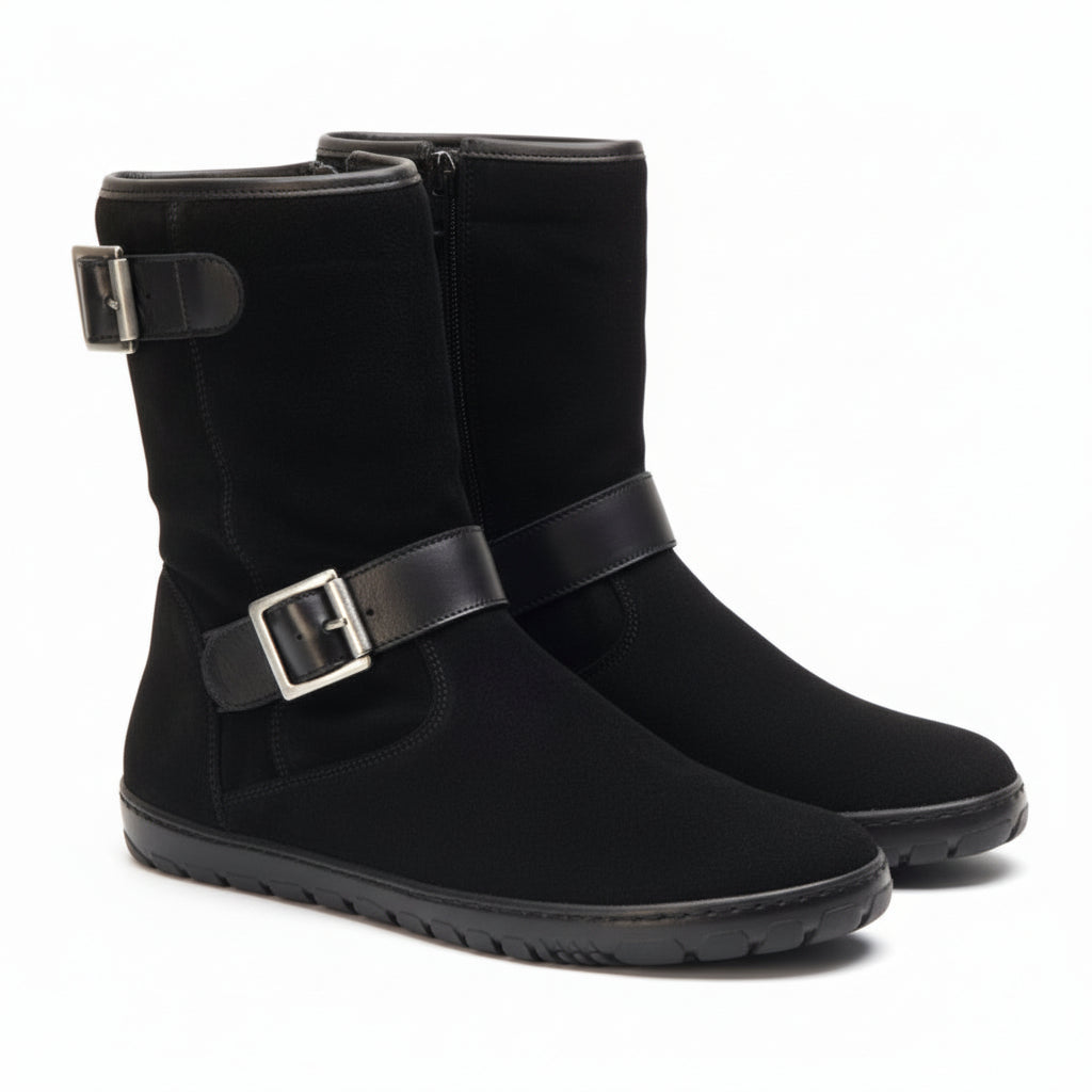 black barefoot shoes boots made of suede leather with straps and buckles