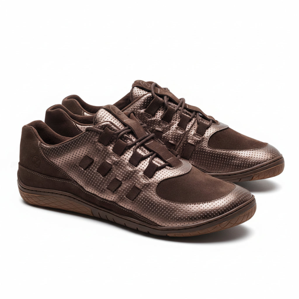 brown sneakers, sporty barefoot shoes with bronze-colored details