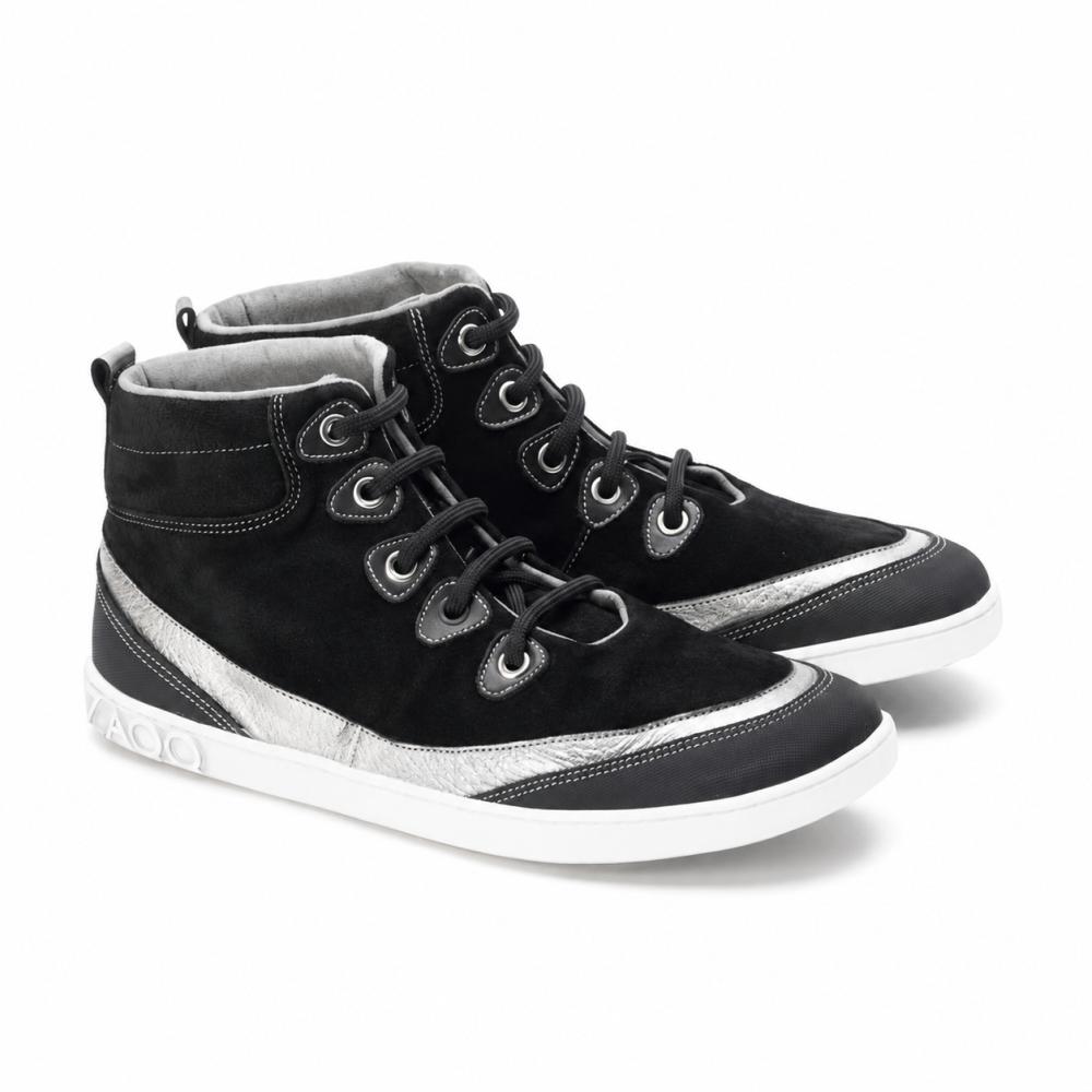 The high-top sneakers CINQO Black by ZAQQ feature metallic silver accents and white soles. These stylish shoes with black laces and eyelets have a textured pattern on the midsole near the heel. The casual design perfectly complements their sporty look.