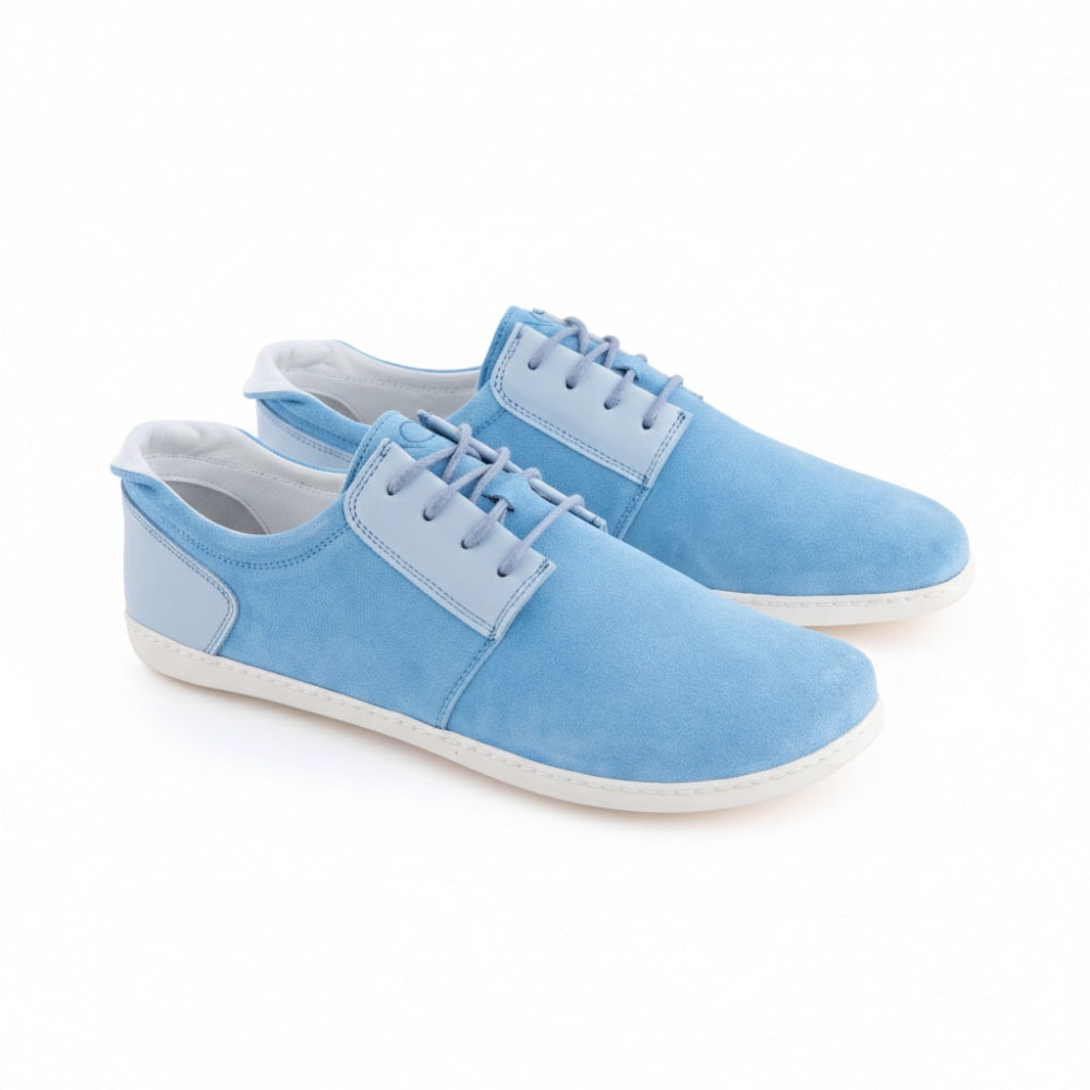 light blue sneaker barefoot shoes with white suede sole with wide toe box