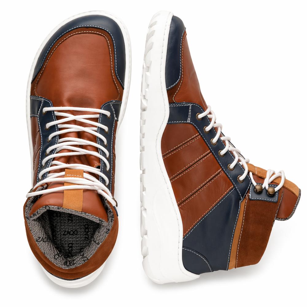 waterproof outdoor barefoot shoe in orange-brown and dark blue with Ultragrip sole