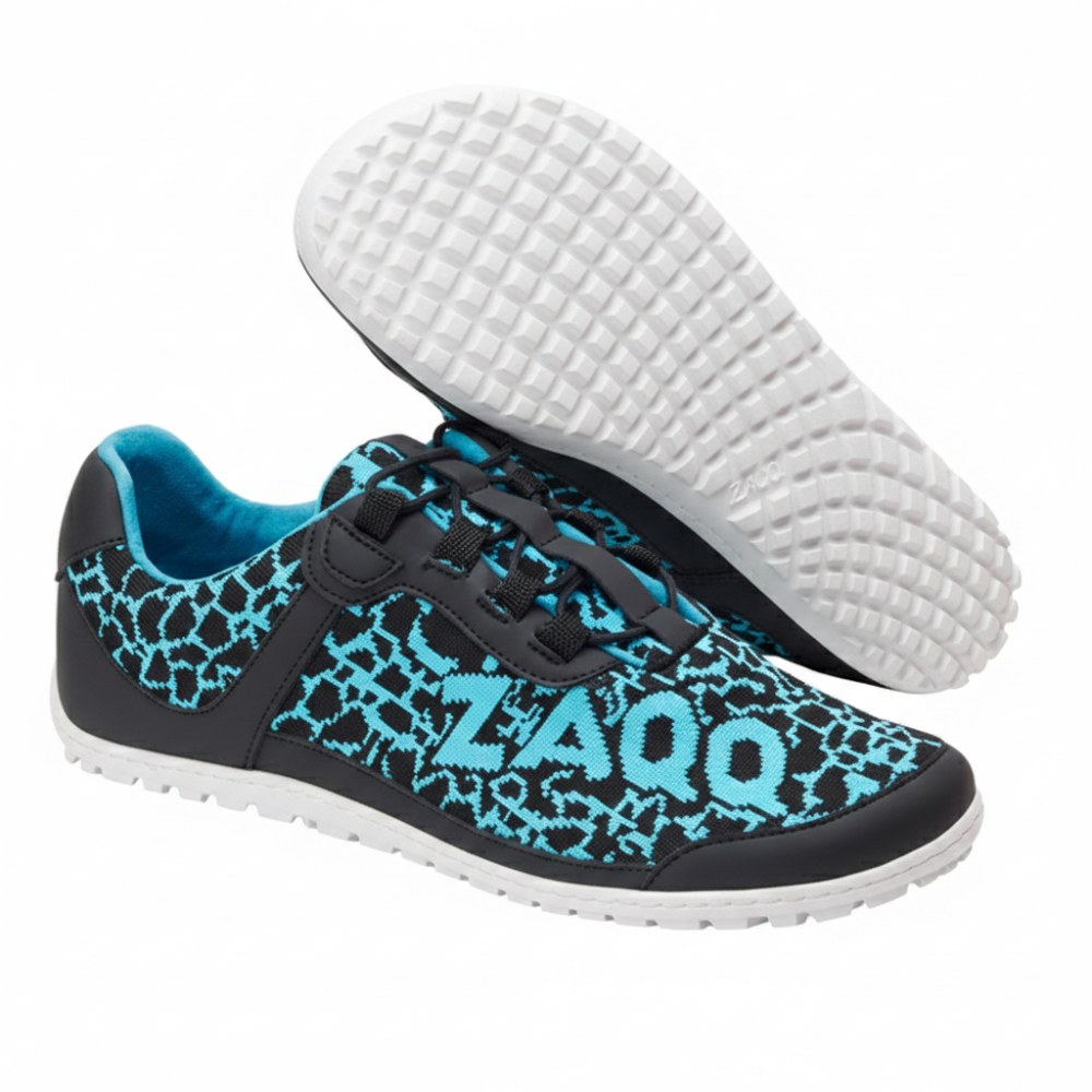A pair of QINGSTON Turquoise sports shoes from ZAQQ features an elegant geometric pattern in black and blue, with the LAQQ logo adorning the side. The sole is made of vegan mesh and features a textured grid design. One shoe is positioned horizontally while the other is angled to reveal its distinctive sole.
