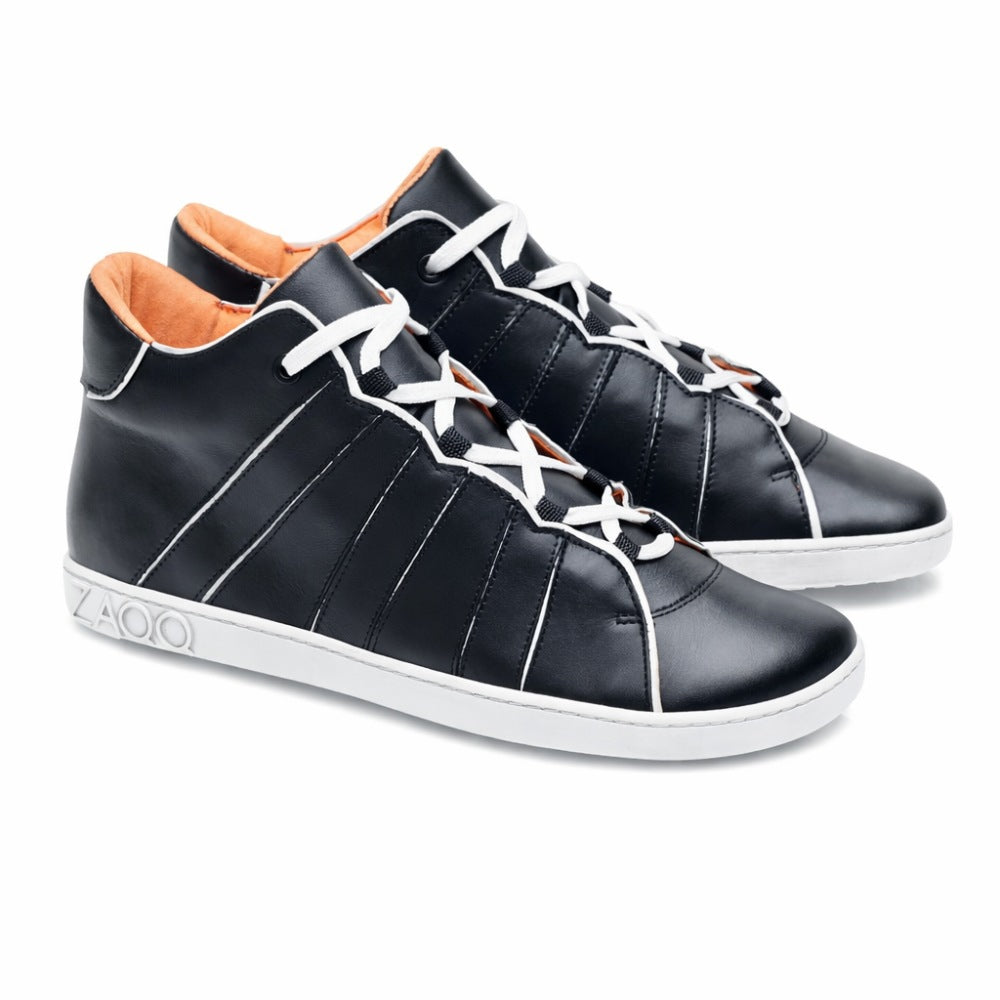 A pair of elegant black high-top sneakers ZAQQ QQQ Mid Black White with white laces and soles and bright orange interior. These shoes are made from high quality nappa leather and have stylish side seams, making them ideal for those who appreciate the feel of a barefoot shoe.