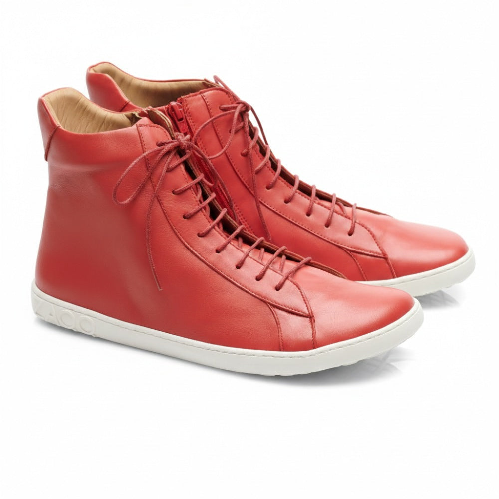 These chic SNAQ Red high-top sneakers from ZAQQ feature a simple design with white rubber soles and matching red laces, complemented by a subtle logo on the heel.